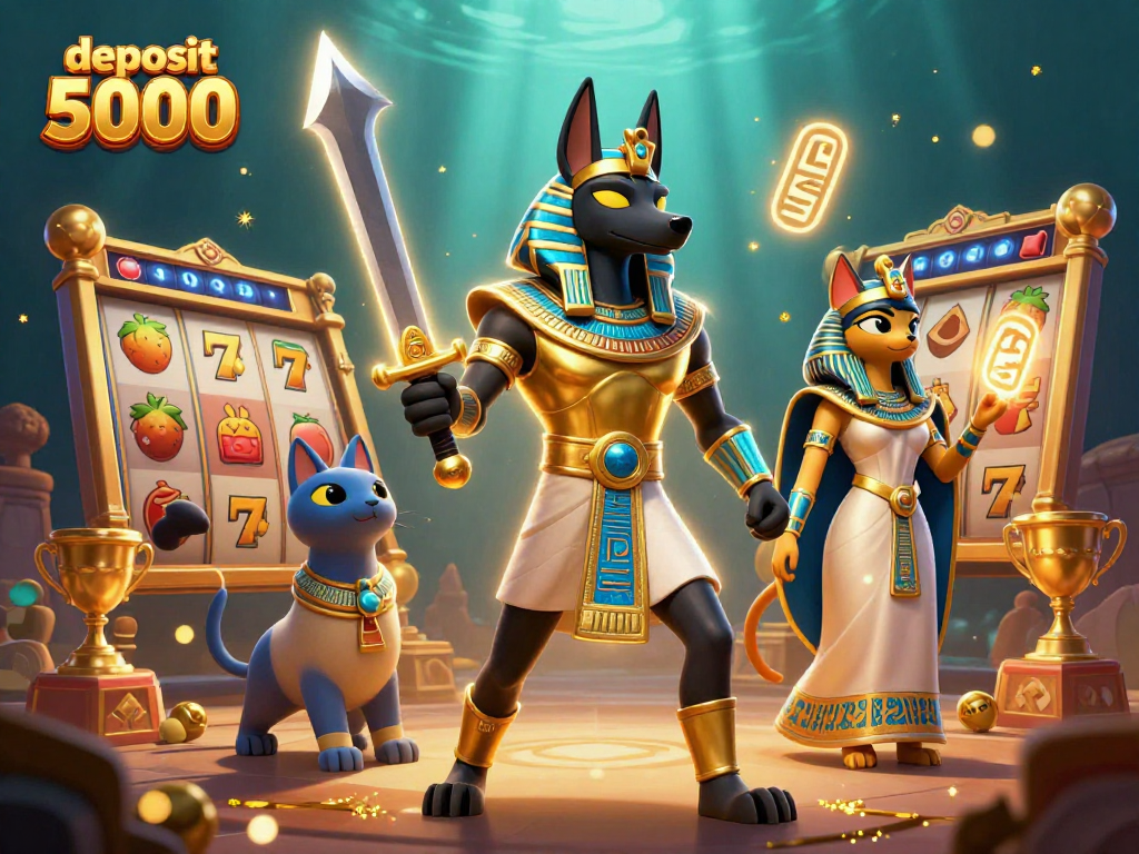 Engage in thrilling online slots with a deposit 5000, featuring unique Egyptian characters and vibrant game elements.