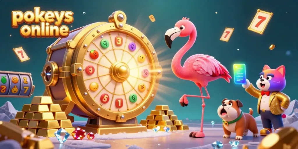 Experience pulsating excitement with pokies online in this vibrant 3D cartoon casino scene.