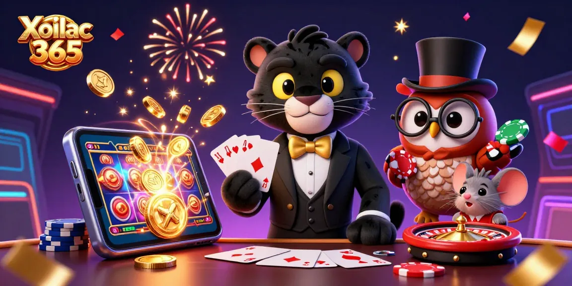 Xoilac 365 showcases a stylish black panther dealing cards in a vibrant online casino scene with an owl and mouse.