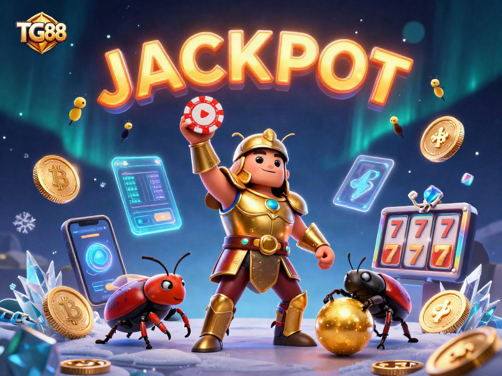 Spin the reels for jackpots at TG88 with a victorious beetle and dazzling casino elements.