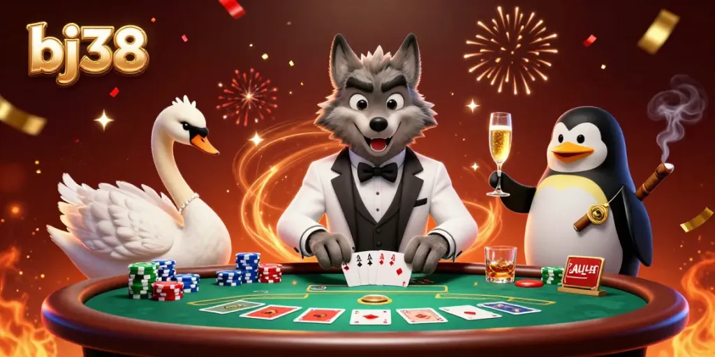 Experience excitement at bj38 with a debonair wolf, elegant swan, and sophisticated penguin amidst vibrant casino action.