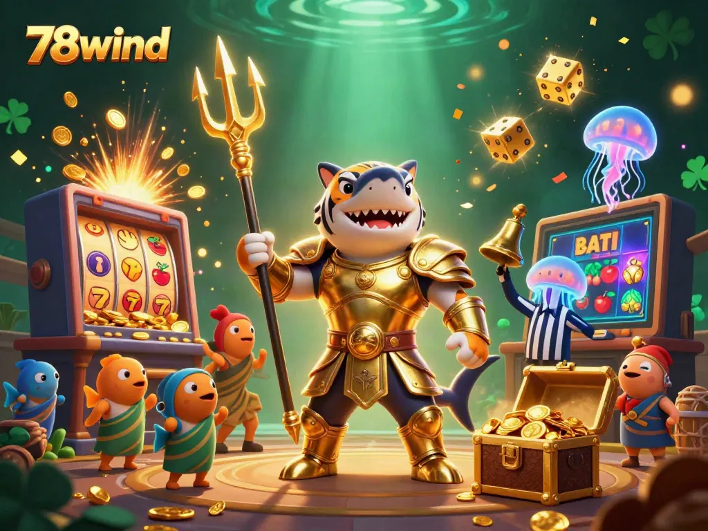 Experience thrilling gameplay and jackpots at 78wind with a dynamic casino scene featuring a shark champion.
