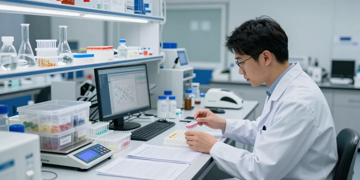 Scientist analyzing multi-vial peptide kits in a sterile research lab with equipment and data.
