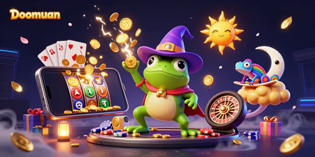 Experience the exciting thrill of gambling with Doomuan's vibrant 3D casino illustration, depicting fun and fortune.