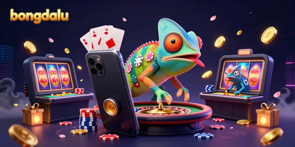 Bongdalu showcases an engaging scene with a chameleon casino owner, colorful slot game, and vibrant gambling elements.