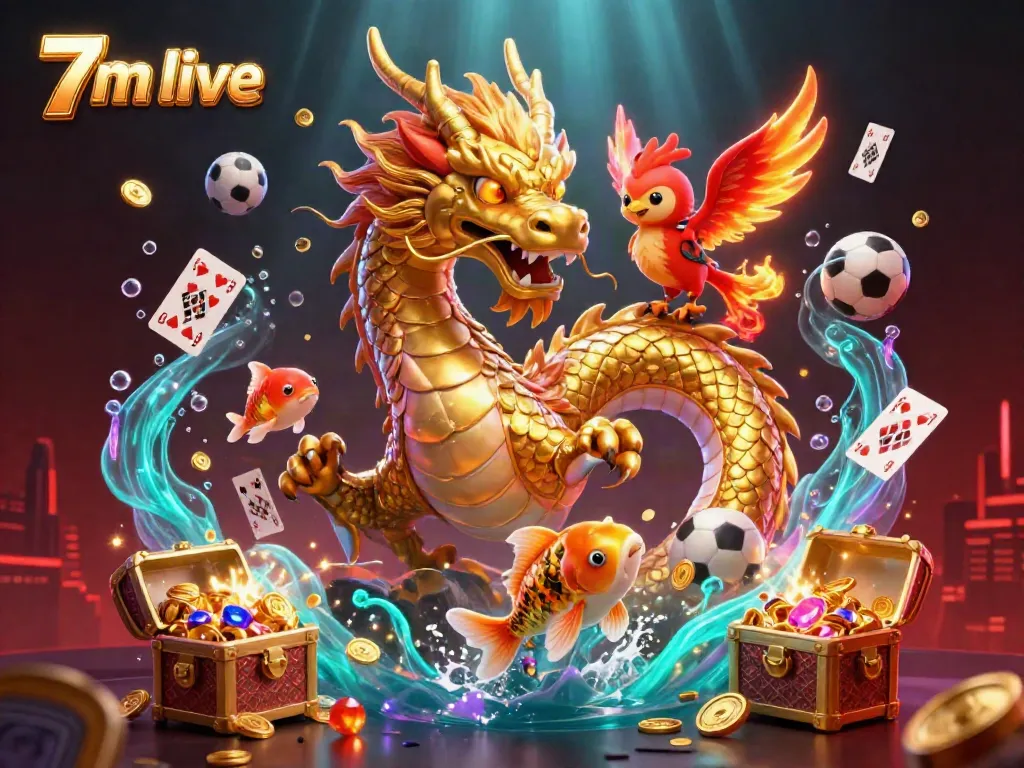 Experience thrilling 7m live scores with a dazzling dragon, phoenix, and koi fish in a vibrant sports betting scene.
