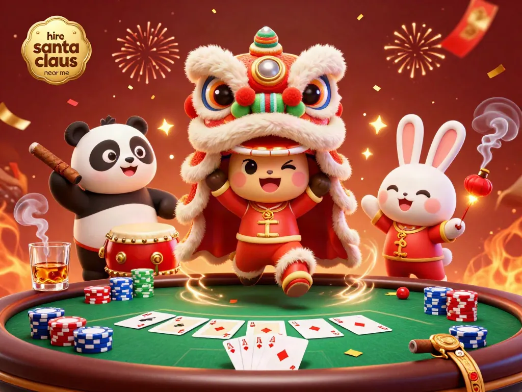 Experience the magic as you hire Santa Claus near me, featuring a lively 3D festive scene of characters with poker elements.