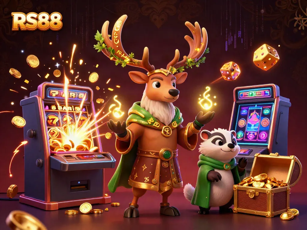 Engage in thrilling gaming at RS88 with a Celtic druid stag and symbols of fortune in a vibrant casino scene.