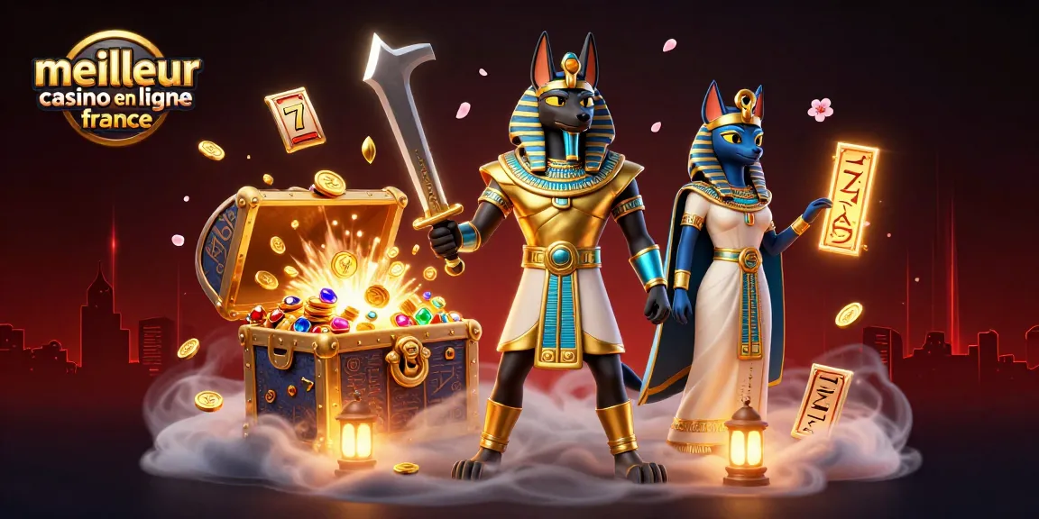 Illustration du meilleur casino en ligne France avec Anubis et Bastet dans un décor riche en éléments de jeu.