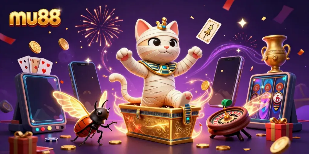 Mu88 online gaming comes alive with an Egyptian mummy cat, a scarab beetle, and casino elements.