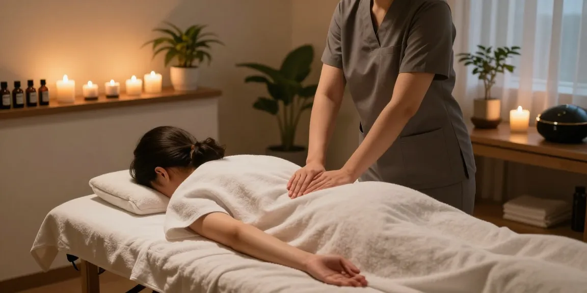 성남출장안마 치료를 받는 고객과 마사지사, 아로마 오일과 촛불이 있는 편안한 마사지 룸.