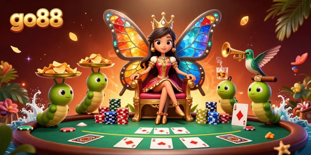 Engage in winning poker gameplay with go88, featuring vibrant 3D characters and dynamic casino elements.