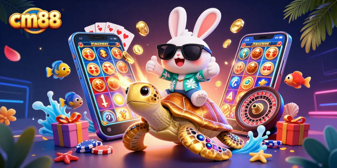 Get lucky with cm88 as the rabbit rides a golden turtle through a vibrant casino adventure.