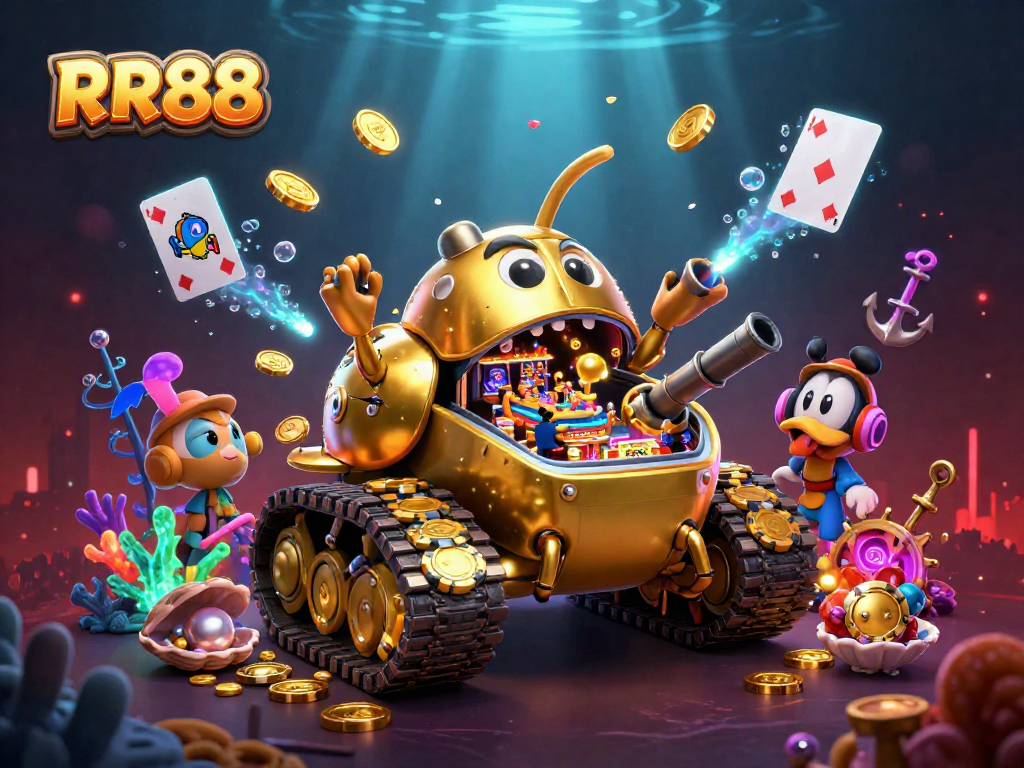 Engage with RR88's vibrant 3D casino scene featuring a golden beetle tank with energetic gameplay elements.
