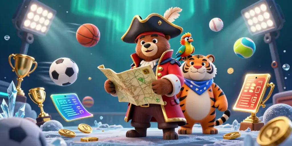 Winbd engaging casino scene with dynamic 3D characters, sports elements, and vibrant atmosphere.
