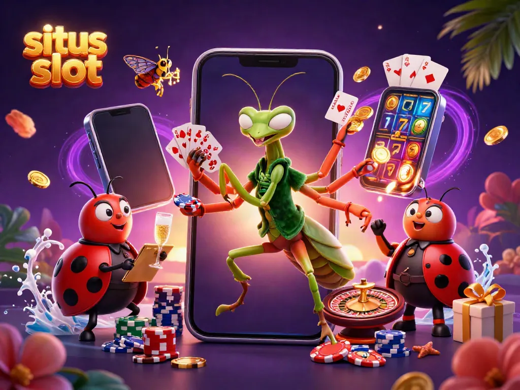 Experience the excitement at situs slot with a vibrant illustration of a giant mantis and ladybug engaging in casino fun.