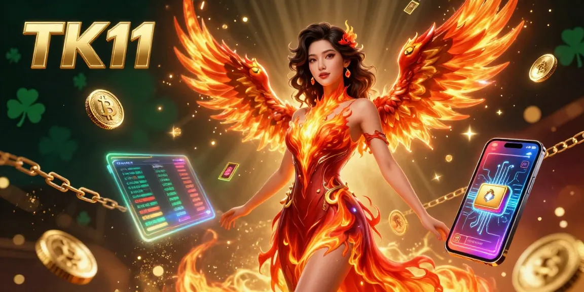 TK11 Casino illustration featuring a stunning Asian woman and fiery phoenix with detailed crypto elements.
