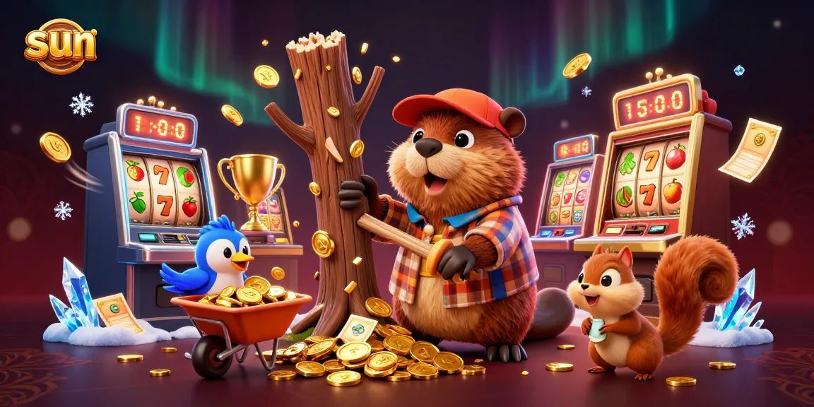 Win big at sun-themed slots with beaver chopping gold coins in a vibrant casino scene.