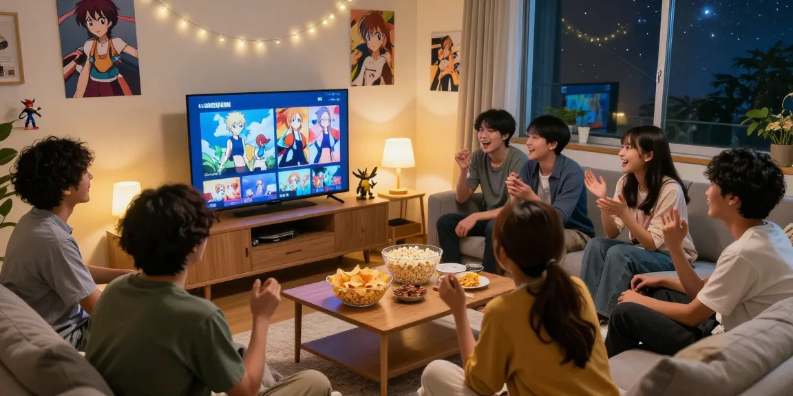 Friends enjoying a cozy anime night with snacks and popular titles like https://animehay.zip/ on screen, vibrant atmosphere filled with fun.