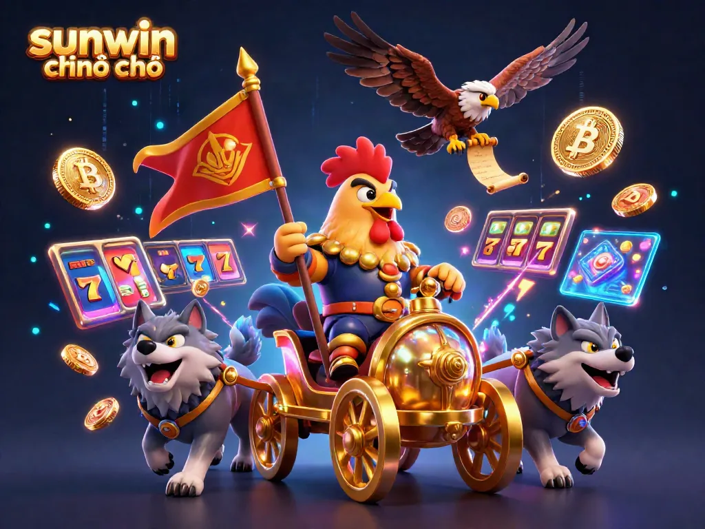 Experience the fantasy world of sunwin chính chủ with a rooster warlord in a golden chariot amidst vibrant slot action.