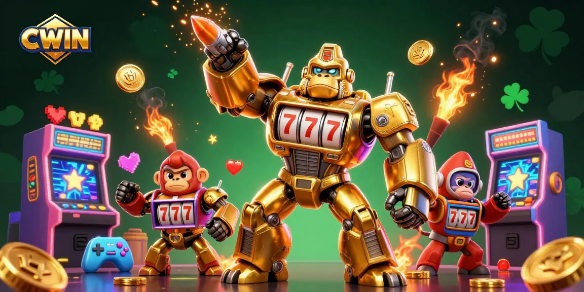 CWIN offers an exciting gaming experience with a dynamic golden gorilla mech, vibrant arcade elements, and engaging casino actions.