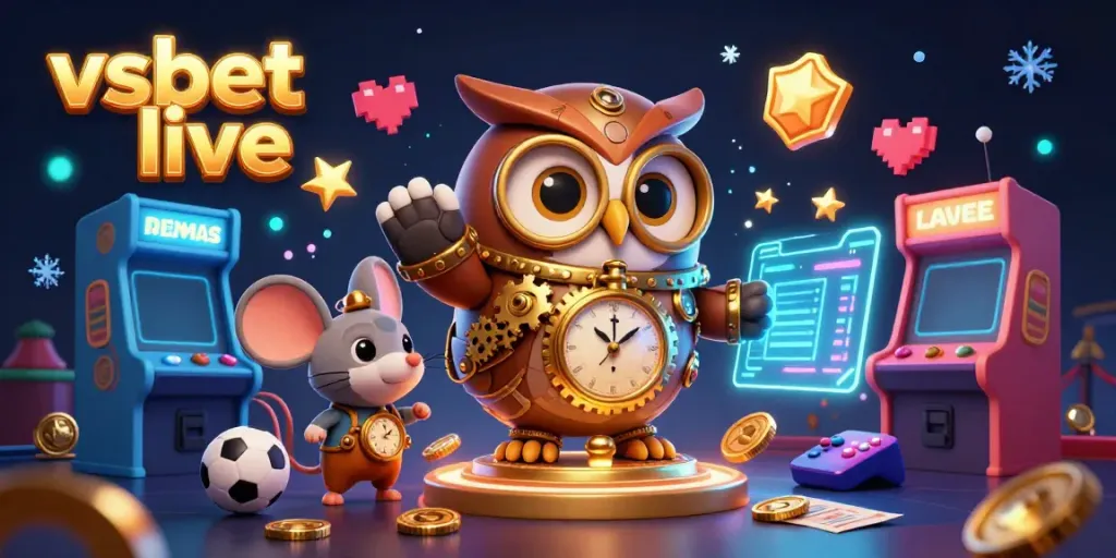 Engage in thrilling action with vsbet live, featuring an owl and mouse among vibrant casino elements.