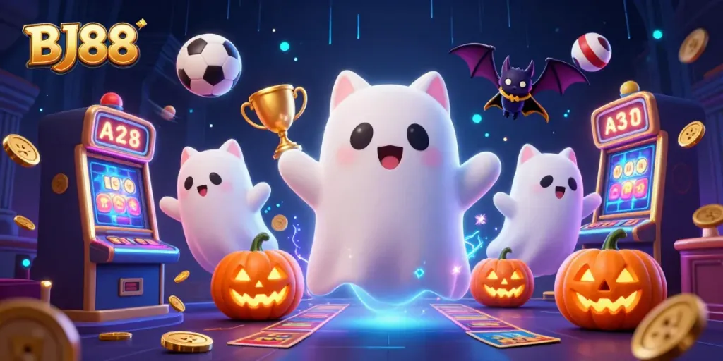 Engage in thrilling casino adventures with BJ88, featuring a ghost cat and sports elements.