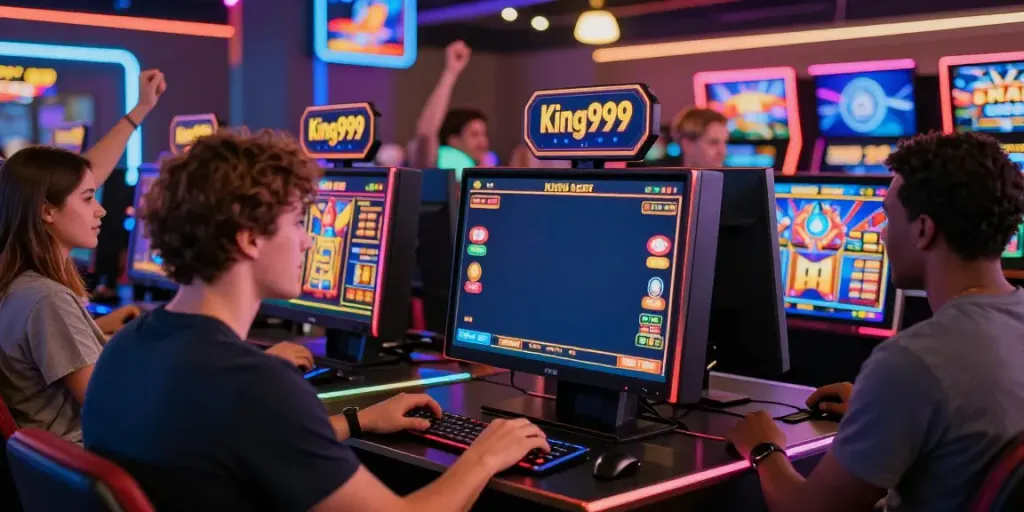 Engaging scene of players enjoying king999 online slot games with a vibrant atmosphere.