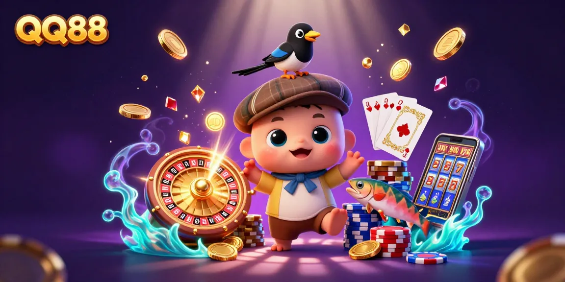 Win with QQ88 while enjoying a vibrant, colorful online casino experience featuring adorable cartoon characters.