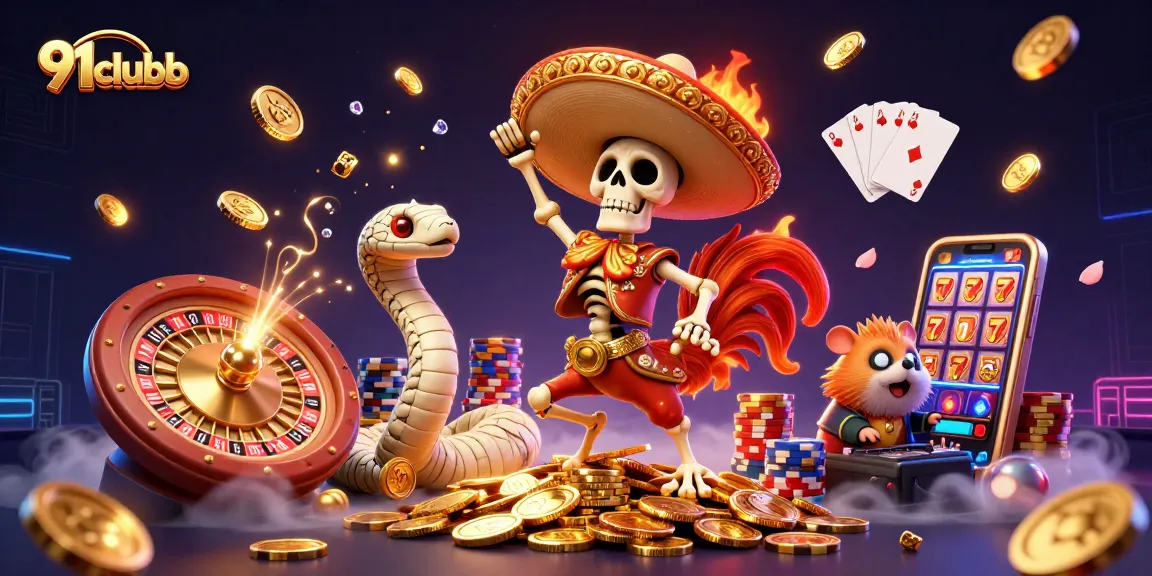 Engage in thrilling gaming with 91clubb at a colorful casino scene featuring dynamic characters.