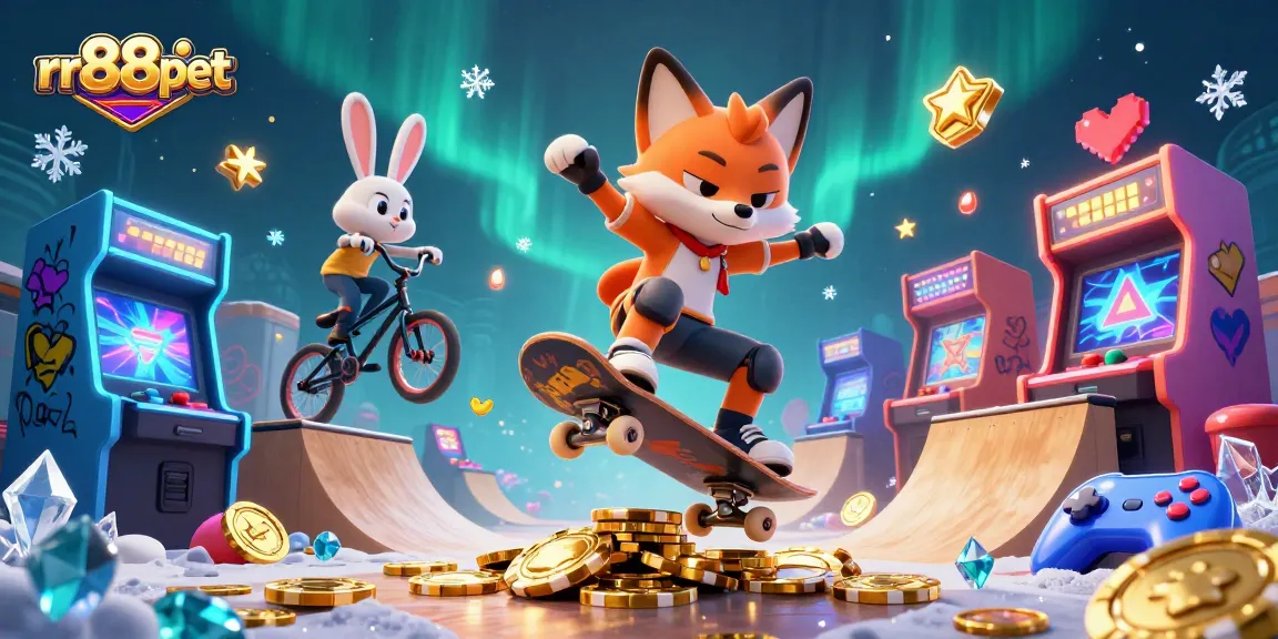 Experience thrilling gaming action with rr88pet's casino-themed illustration, featuring vibrant characters and energetic scenes.