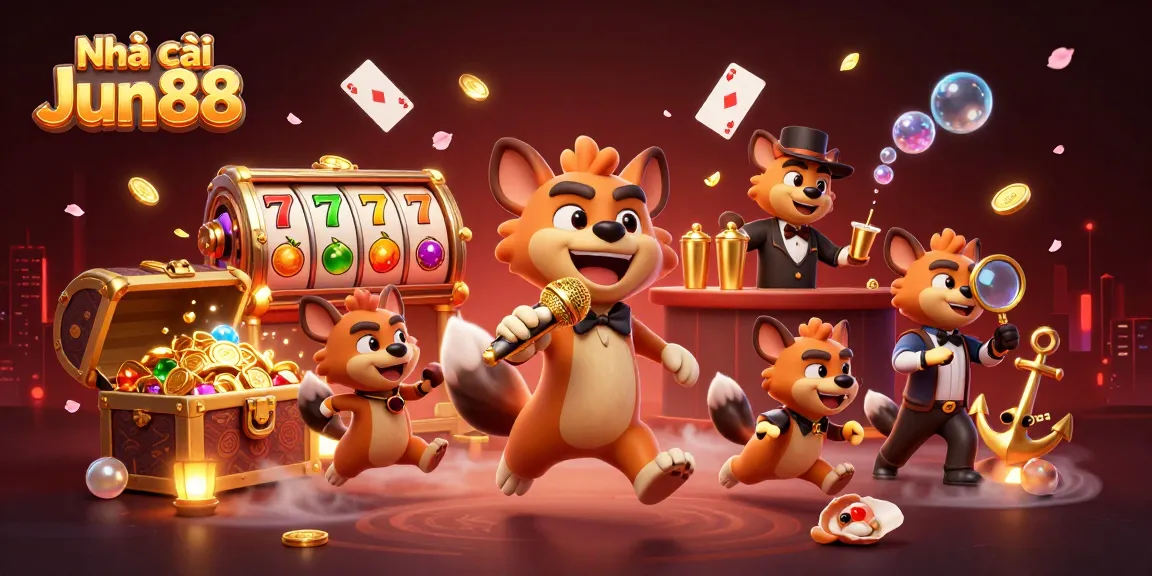 Engage with Nhà cái Jun88's vibrant casino atmosphere featuring hyenas in dynamic roles, mixing fun and gambling