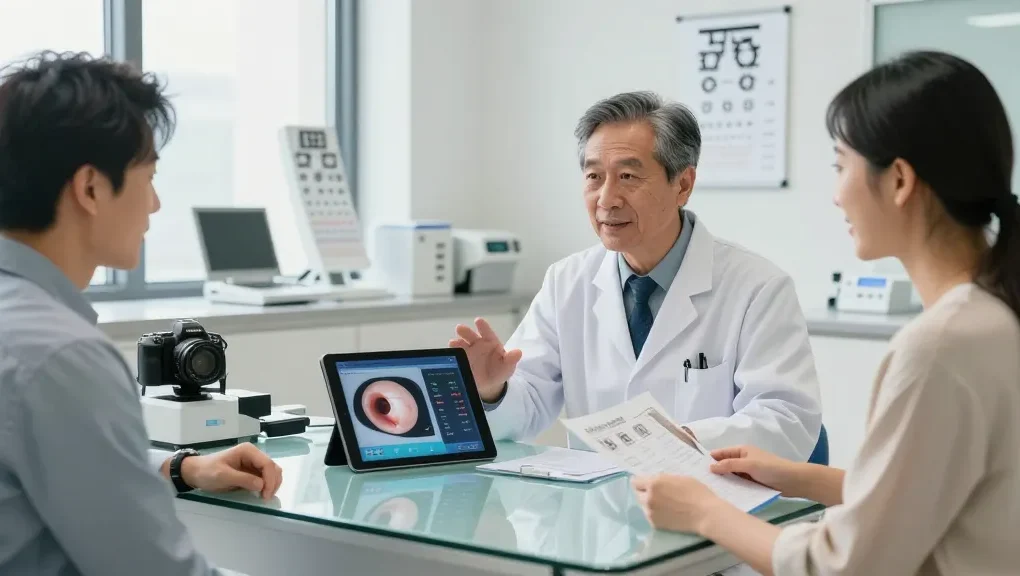 Ophthalmologist explaining 라섹 treatment options to a patient in a modern eye clinic.