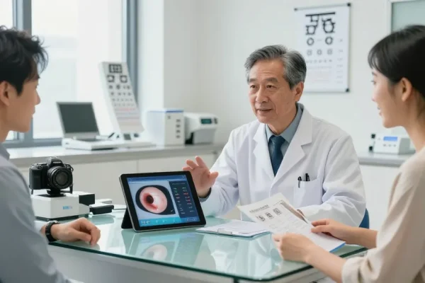 Ophthalmologist explaining 라섹 treatment options to a patient in a modern eye clinic.