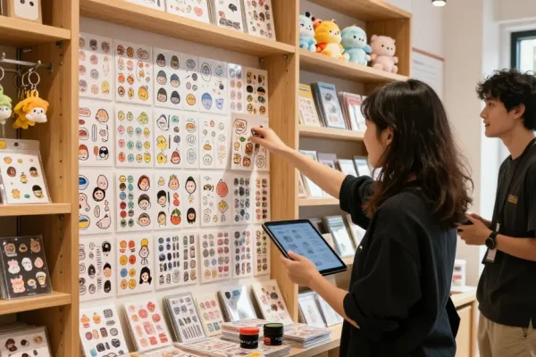 Custom stickers collection displayed in vibrant store, customer exploring designs.