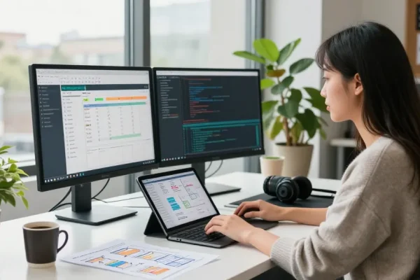 A software developer using the rti scheduler on dual monitors in a modern workspace.
