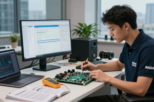 NAGA2000 technician diagnosing circuit board in modern workspace