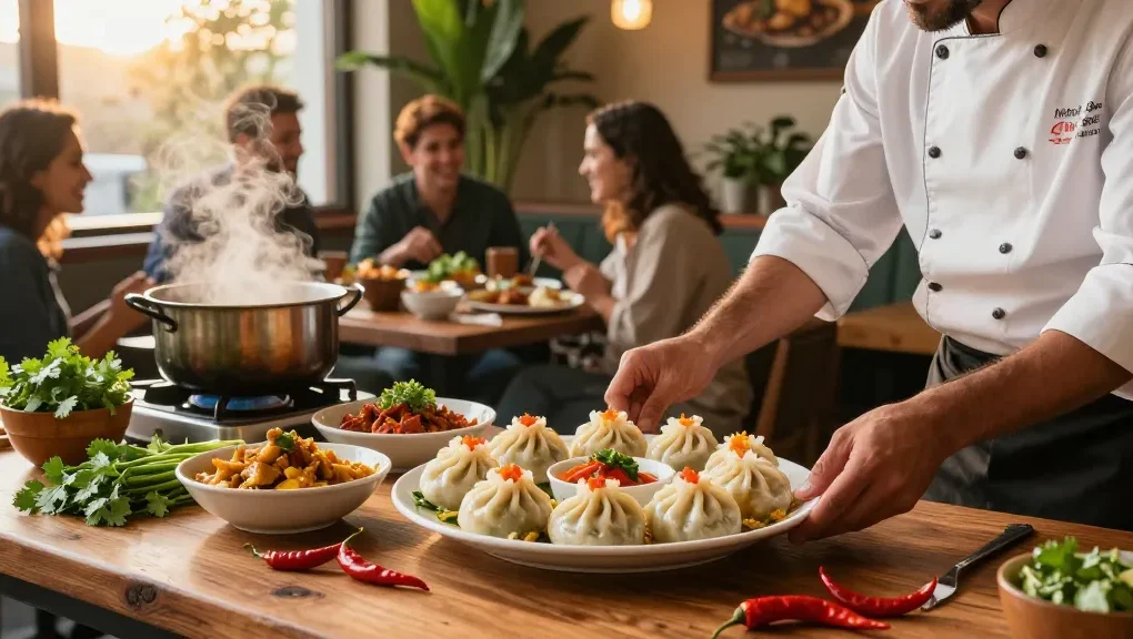 Rokok88 chef plating colorful momos and curry dishes in a vibrant restaurant setting.