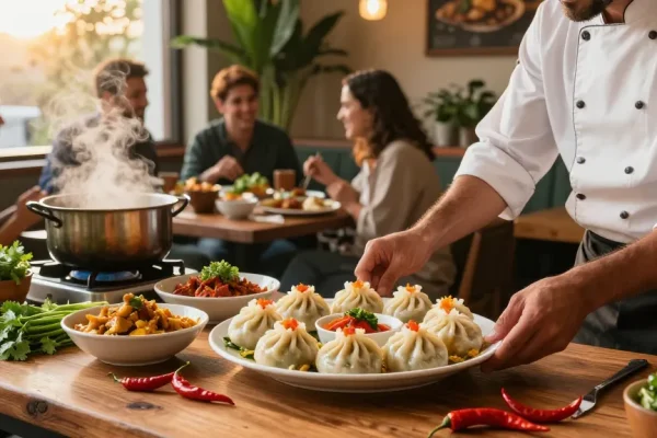 Rokok88 chef plating colorful momos and curry dishes in a vibrant restaurant setting.