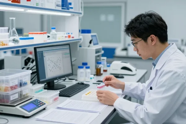 Scientist analyzing multi-vial peptide kits in a sterile research lab with equipment and data.